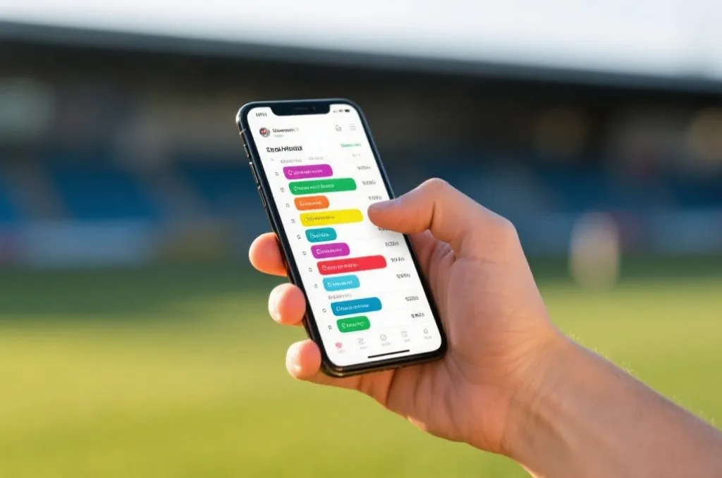 A person's hand holding a premium smartphone showing a colorful sports event schedule list, clean outdoor setting, shallow depth of field