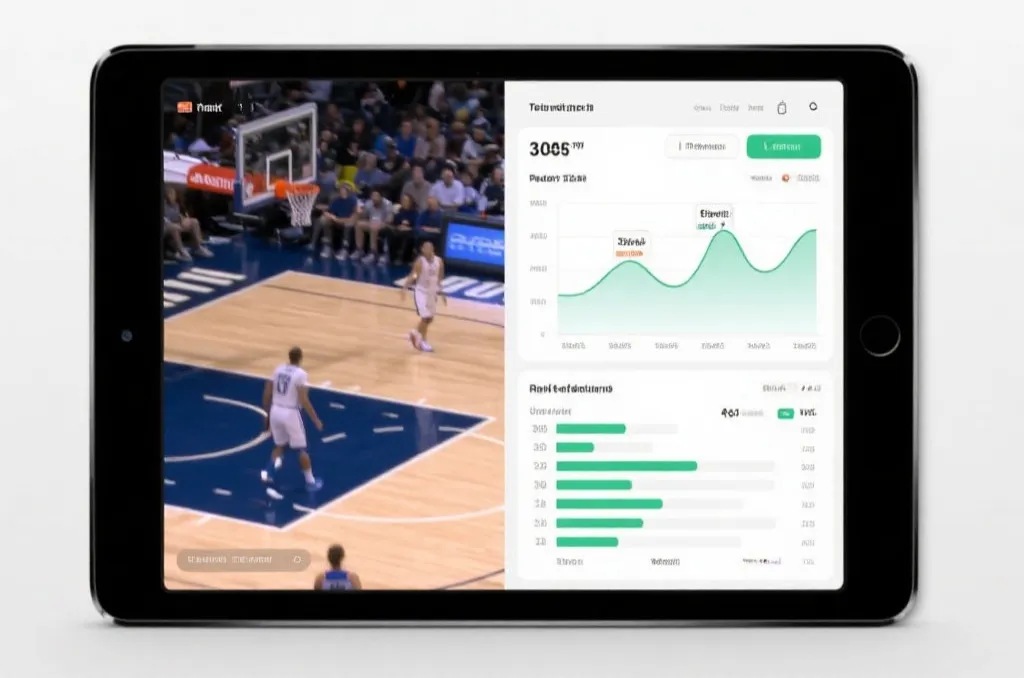 A tablet showing a live basketball game on one side and real-time statistical charts on the other side, clean tech aesthetic